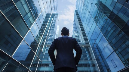 Against a backdrop of sleek glass modern office buildings, the back of a businessman in a sharp suit stands tall, symbolizing professionalism and confidence in the economic market
