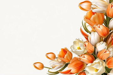 Spring background with tulip flowers with copy space. Template greeting card base design. Floral banner, poster, light background.