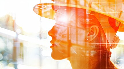 The double exposure combines the face of a woman and the structures of some kind of construction building. An engineer wearing a construction worker's helmet. Illustration for varied design. - 749578632