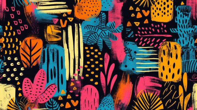 Vibrant abstract tropical foliage pattern with energetic marks and textures.