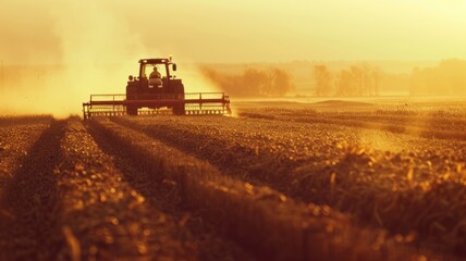 a farmer navigates his tractor across a vast field, operating a large harvesting machine to gather crops under the expansive sky. - obrazy, fototapety, plakaty
