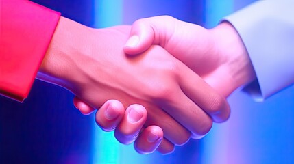 Confident handshake between people after a favorable business deal. The concept of successful negotiations, signing important documents (contract, certificate). Completion of a business transaction.