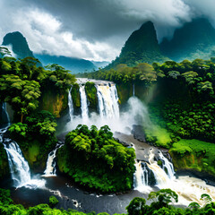 Naklejka premium Serene Krka National Park waterfall surrounded by lush greenery, flowing through the mountains, creating a picturesque cascade in the heart of Croatia's stunning landscape during a vibrant summer day