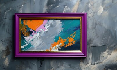 Modern abstract painting in a purple frame on a gray plastered wall.