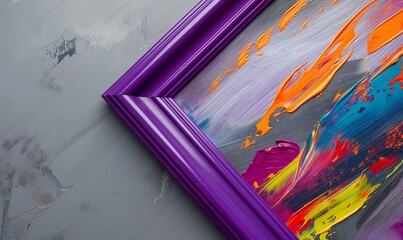 Modern abstract painting in a purple frame close-up on a gray background.