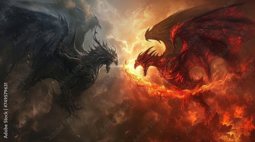 Canvas Prints Two dragons fly at each other in dark clouds with fire