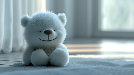 Cute white teddy bear sitting on the floor in the room