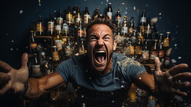 Angry young man with alcohol addiction screaming. lots of glass bottles around.