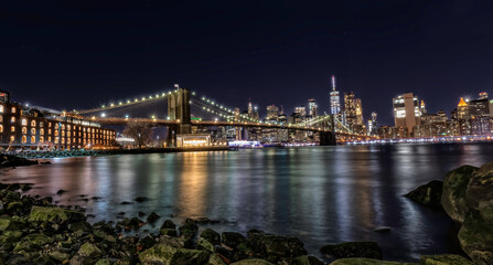 Panorama Brooklyn bridge with Lower Manhattan skyscrapers bulding for New York City in New York...