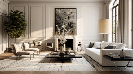 A chic living room with an augmented reality painting, a white armchair, and a patterned area rug