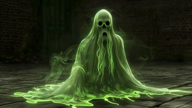 Ghost glowing neon green light on black background. Spooky ghostly creature with ectoplasm. Concept of horror and unease. Illustration for cover, card, postcard, interior design, decor or print.