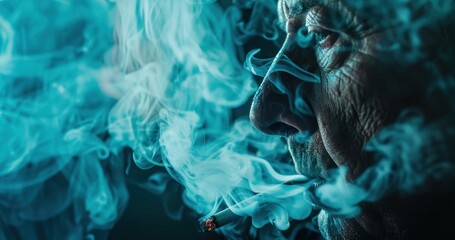 Un homme senior fumant une cigarette, fumée épaisse, image avec espace pour texte. - obrazy, fototapety, plakaty