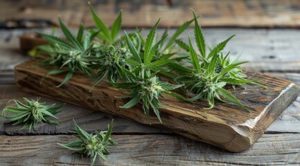 Des plants de cannabis sur une table en bois. - obrazy, fototapety, plakaty