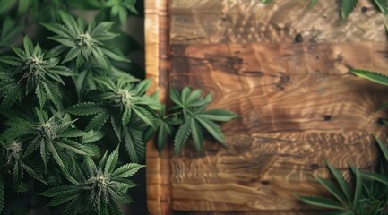 Des plants de cannabis sur une table en bois, image avec espace pour texte. - obrazy, fototapety, plakaty