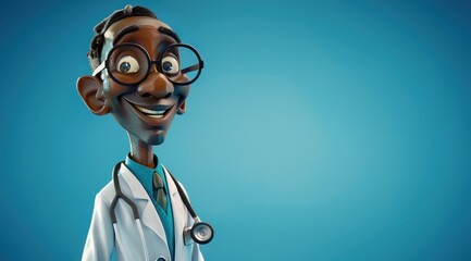 Personnage cartoon d'un médecin noir, souriant sur fond bleu, image avec espace pour texte. - obrazy, fototapety, plakaty