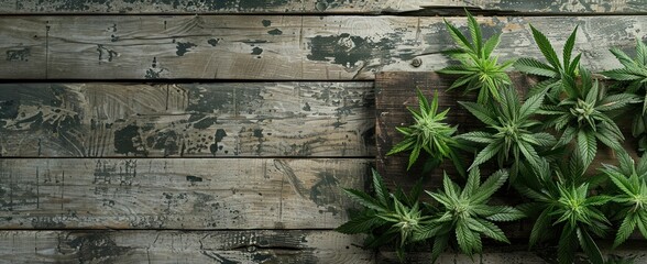 Des plants de cannabis sur une table en bois, image avec espace pour texte. - obrazy, fototapety, plakaty