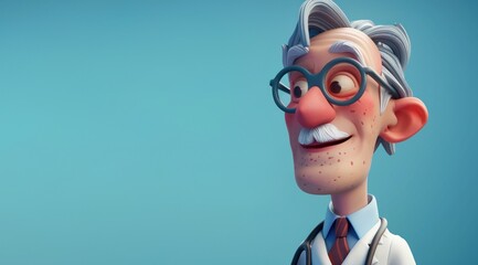 Personnage cartoon d'un médecin souriant sur fond bleu, image avec espace pour texte. - obrazy, fototapety, plakaty