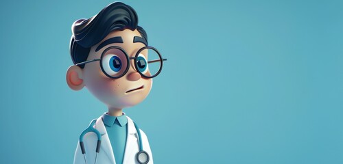 Personnage cartoon d'un médecin souriant sur fond bleu, image avec espace pour texte. - obrazy, fototapety, plakaty