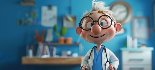 Personnage cartoon d'un médecin souriant dans son cabinet médical, image avec espace pour texte. - obrazy, fototapety, plakaty