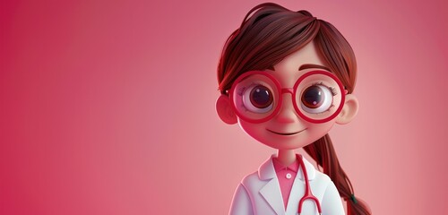 Personnage cartoon d'une femme médecin souriante sur fond rose, image avec espace pour texte. - obrazy, fototapety, plakaty
