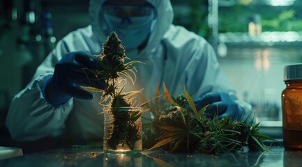 Cannabis médical, un médecin scientifique dans son laboratoire. - obrazy, fototapety, plakaty