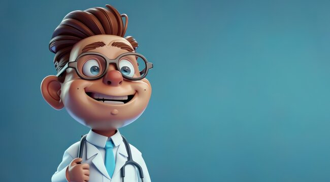 Personnage cartoon d'un médecin souriant sur fond bleu, image avec espace pour texte.