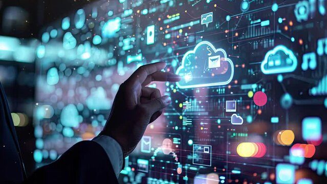Cloud service concept, someones hand touching digital screen with glowing applications icons and cloud sign at blurry city background.