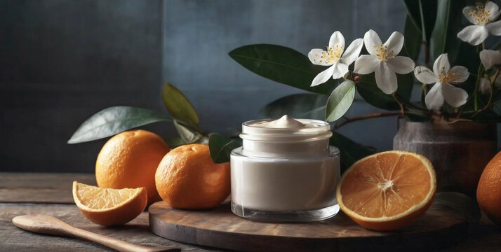 handmade body butter cream, with orange flavored, backdrop design for web page, banner design with space for copying.