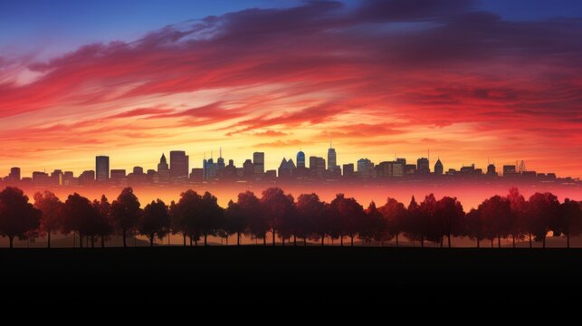 A city skyline silhouetted against a setting sun