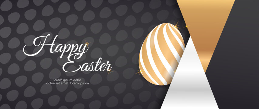 Easter poster and banner template with golden Easter egg. Happy Easter holiday banner. Luxury easter decoration, great for banners, wallpapers, cards - vector design