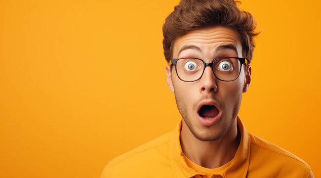 Portrait d'un homme surpris, jeune homme sur un fond orange, image avec espace pour texte.