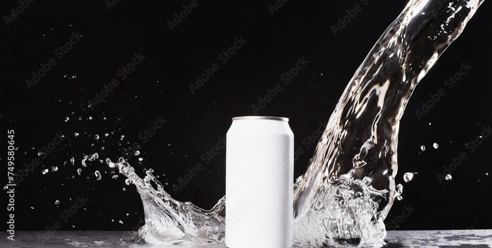 Aufkleber plain soda can mock up product isolated in solid background with splash of water on it, copy space f