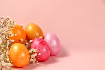 Happy Easter concept, banner for screen with place for congratulations, composition with decorated pink and gold Easter eggs and flowers, template for design. spring card,