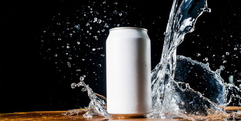 plain soda can mock up product isolated in solid background with splash of water on it, copy space for text. - obrazy, fototapety, plakaty