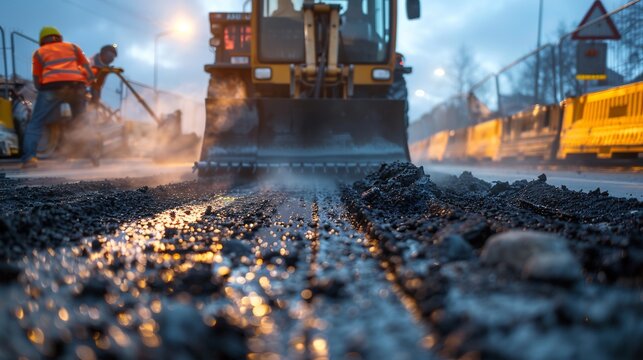 A dynamic scene at a road construction site, with a team of workers collaborating to lay hot asphalt gravel onto the road surface