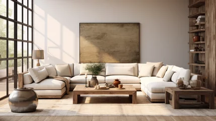 Fotobehang A chic living area with an earth-friendly sectional, accent chairs and coffee table crafted from reclaimed wood © Textures & Patterns