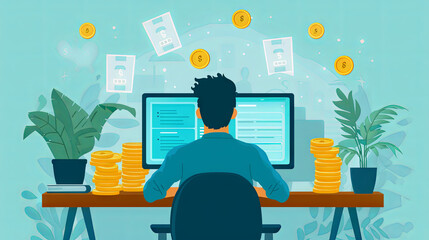 Earning an Income through Online Employment Opportunities. Young freelancer man is working at computer.