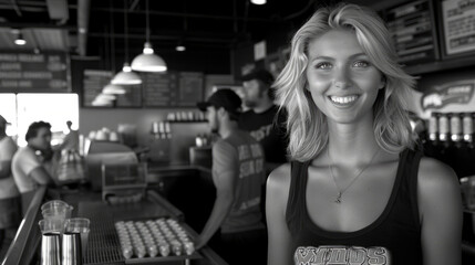 Black and white picture of a blonde girl in a bar