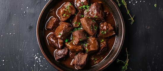 A brown bowl filled with tender chunks of beef simmered in a rich, flavorful sauce, representing a traditional Belgian beef stew known as stoofvlees or carbonade flamande. - obrazy, fototapety, plakaty