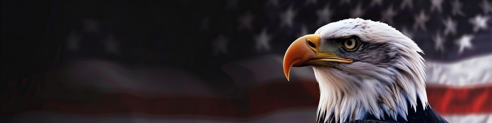 Fototapeta premium american bald eagle banner with us flag in background