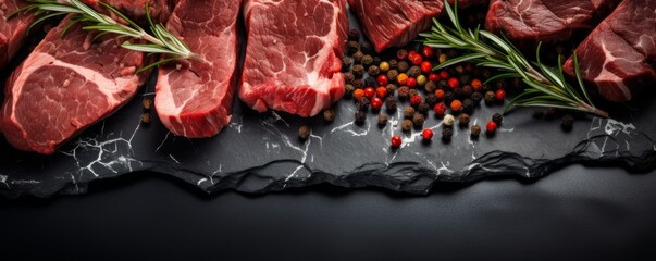 Raw meat beef steak on dark luxury stone table, top view food banner. Generative Ai.