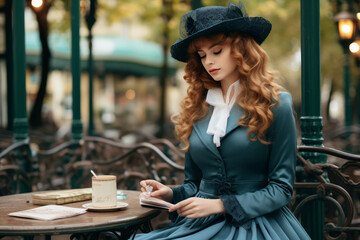 Enchanting autumn. elegant woman at parisian cafe with ivy-clad walls and wrought iron furniture - obrazy, fototapety, plakaty