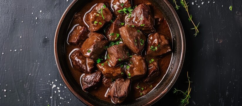 A brown bowl filled with tender chunks of beef simmered in a rich, flavorful sauce, representing a traditional Belgian beef stew known as stoofvlees or carbonade flamande.
