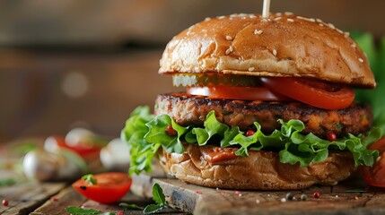 vegan burger with seitan, chickpeas and fresh vegetables served on wooden board, closeup
