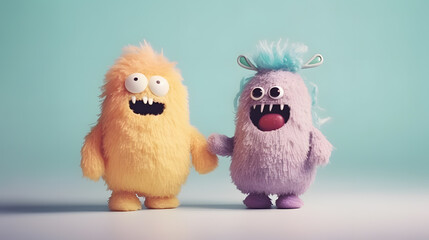 two funny fluffy toy monsters, generative ai - obrazy, fototapety, plakaty