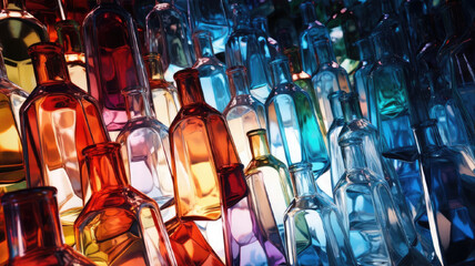 a group of colorful glass bottles are lined up in a row