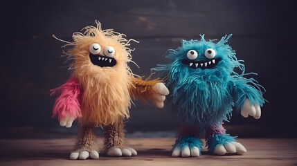 two funny fluffy toy monsters, generative ai - obrazy, fototapety, plakaty