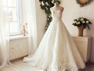 Fototapeta na wymiar bridal white wedding dress on mannequin 
