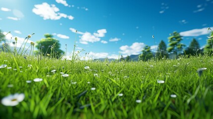 Obraz premium Gorgeous landscape of green meadow and clear sky on a sunny summer day