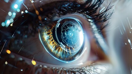 A close-up of a human eye captures intricate details, while virtual hologram elements overlay the image - obrazy, fototapety, plakaty
